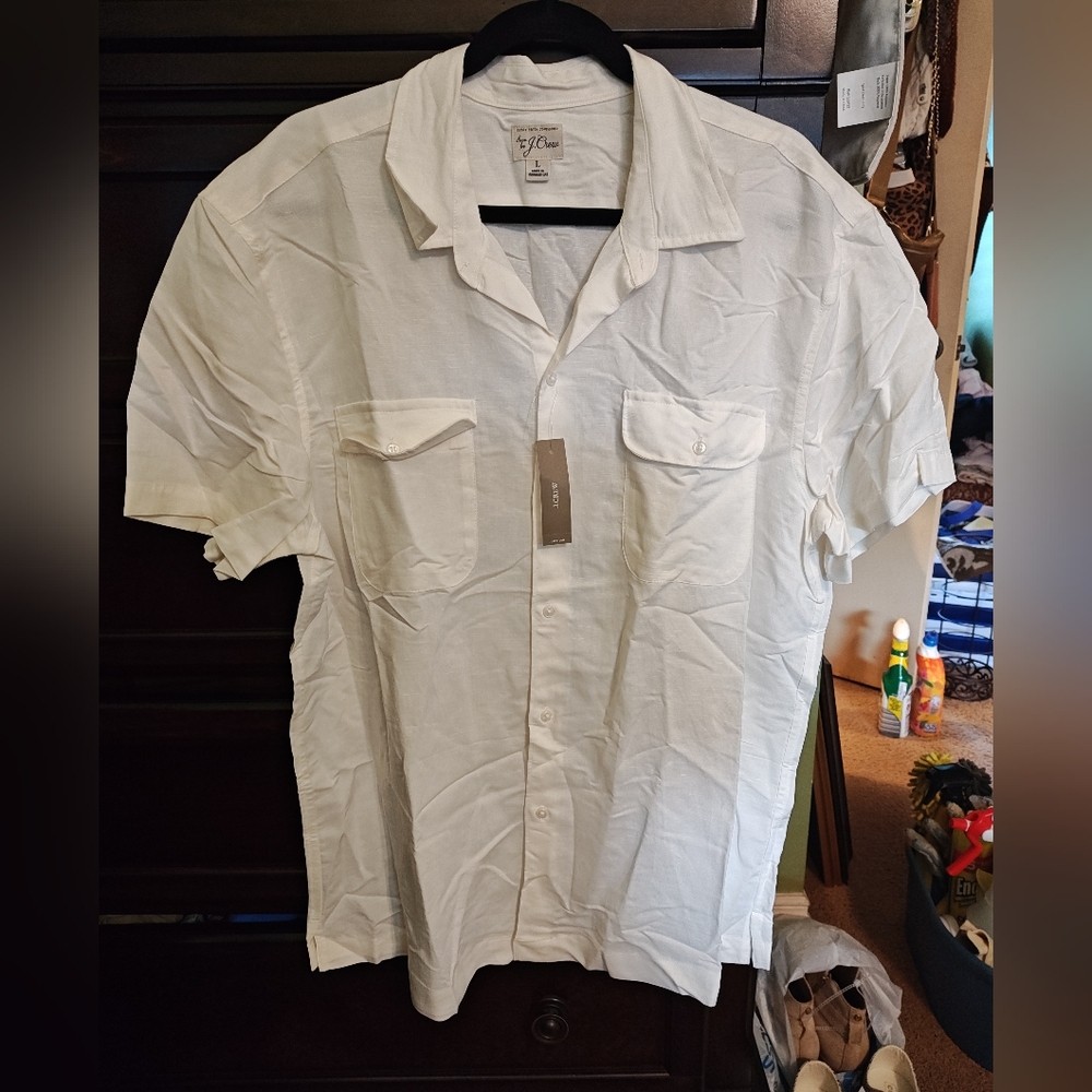 J. Crew Cream Button-Up Shirt Viscose/Linen Large